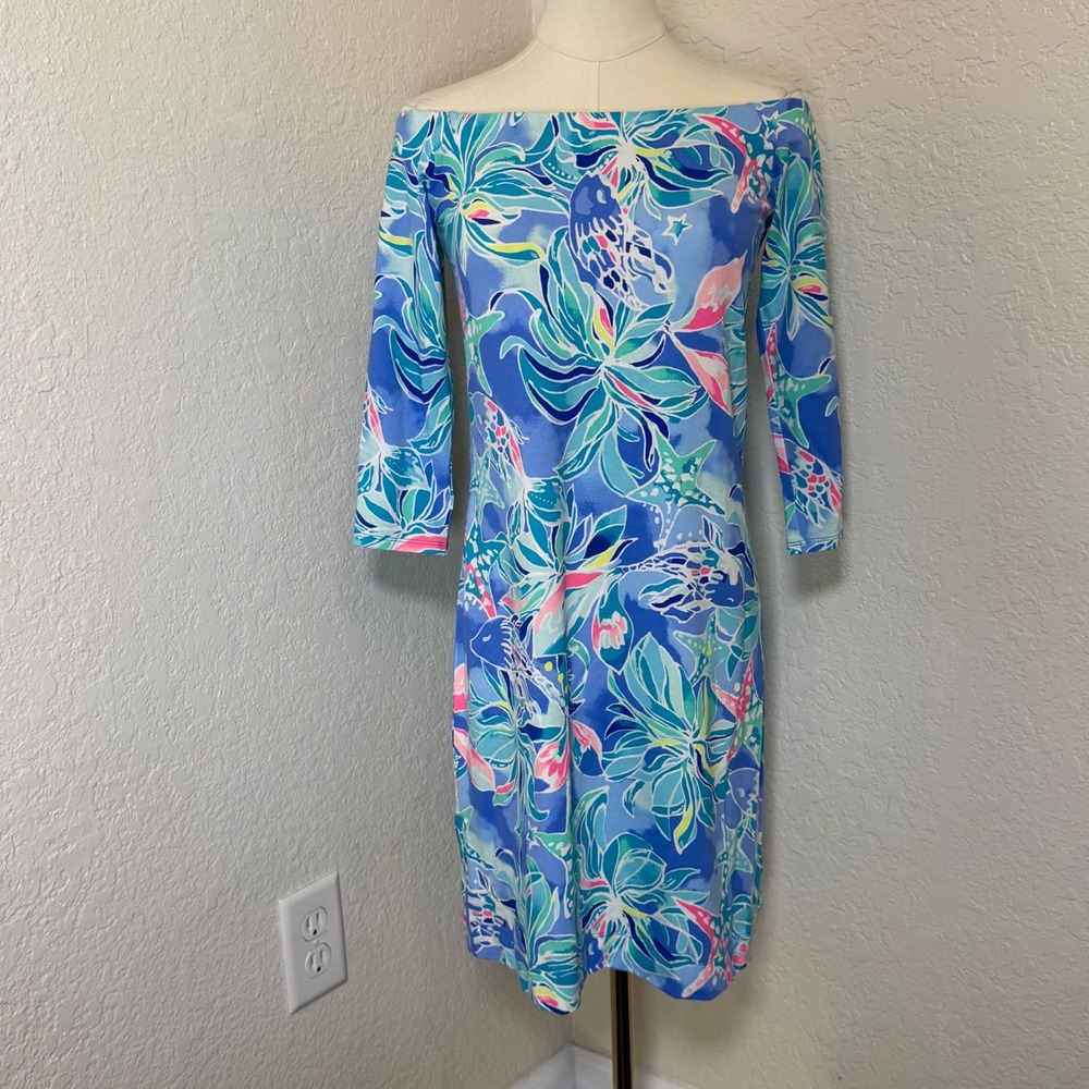 Dress Lilly Pulitzer Womens Small Blue Starfish Coastal Knit Off The Shoulder
